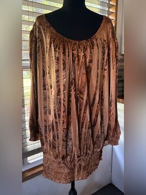 Cato Metallic Bronze Printed Peasant Blouse